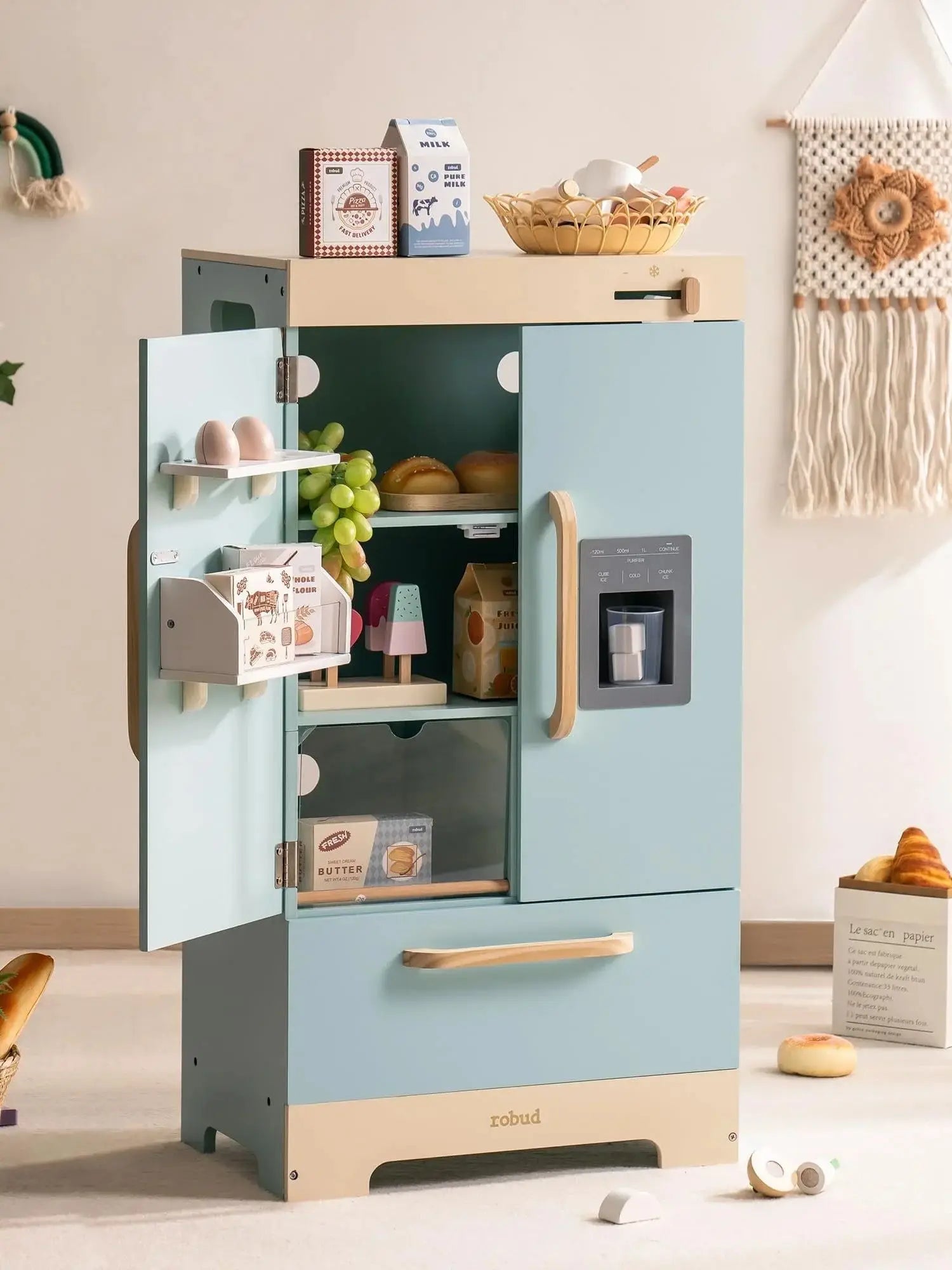 Robotime Robud - Ensemble de Cuisine & Électroménagers en Bois 3-en-1 (Four, Frigo, Lave-Linge) - Jouet d'Imitation Premium Bleu