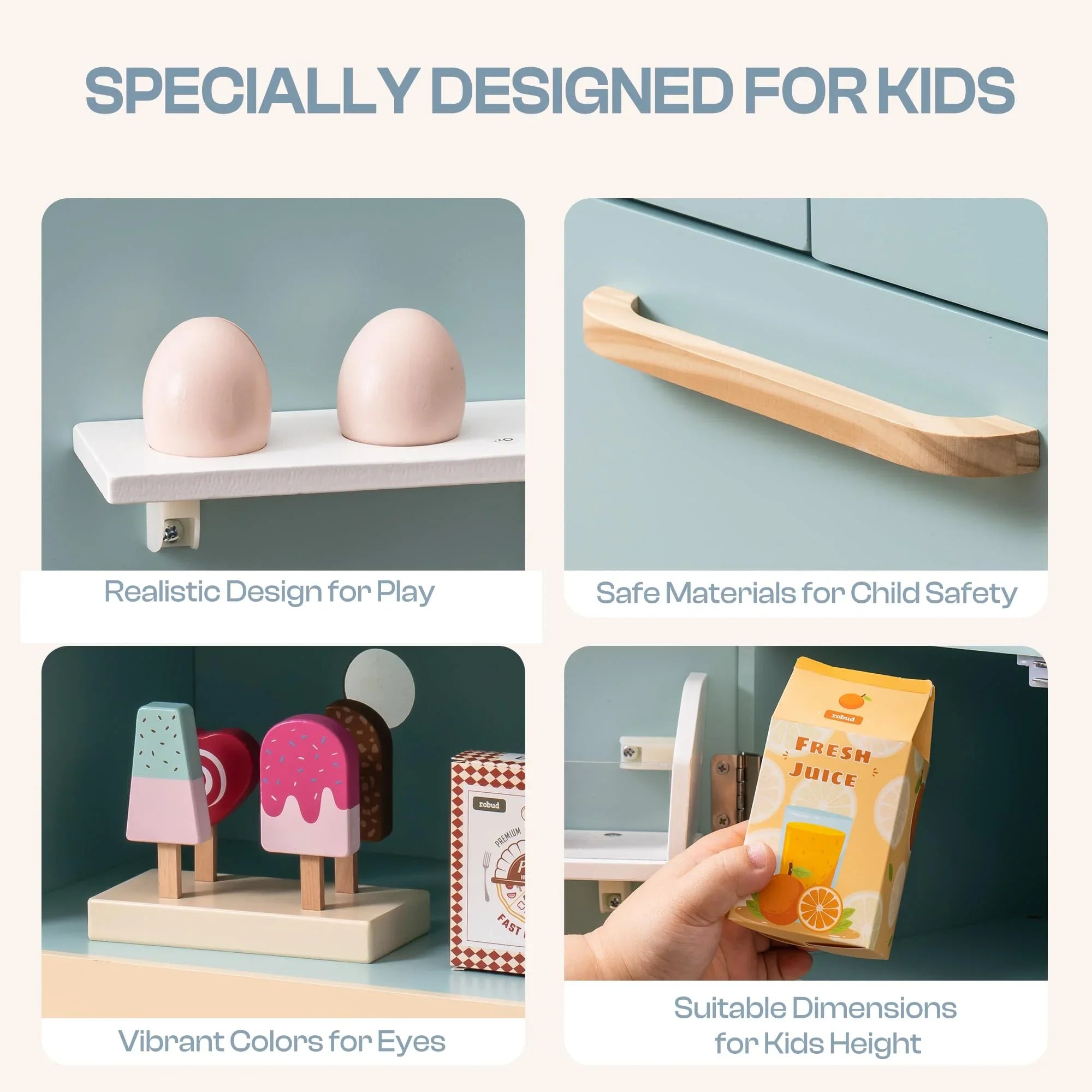 Robotime Robud - Ensemble de Cuisine & Électroménagers en Bois 3-en-1 (Four, Frigo, Lave-Linge) - Jouet d'Imitation Premium Bleu