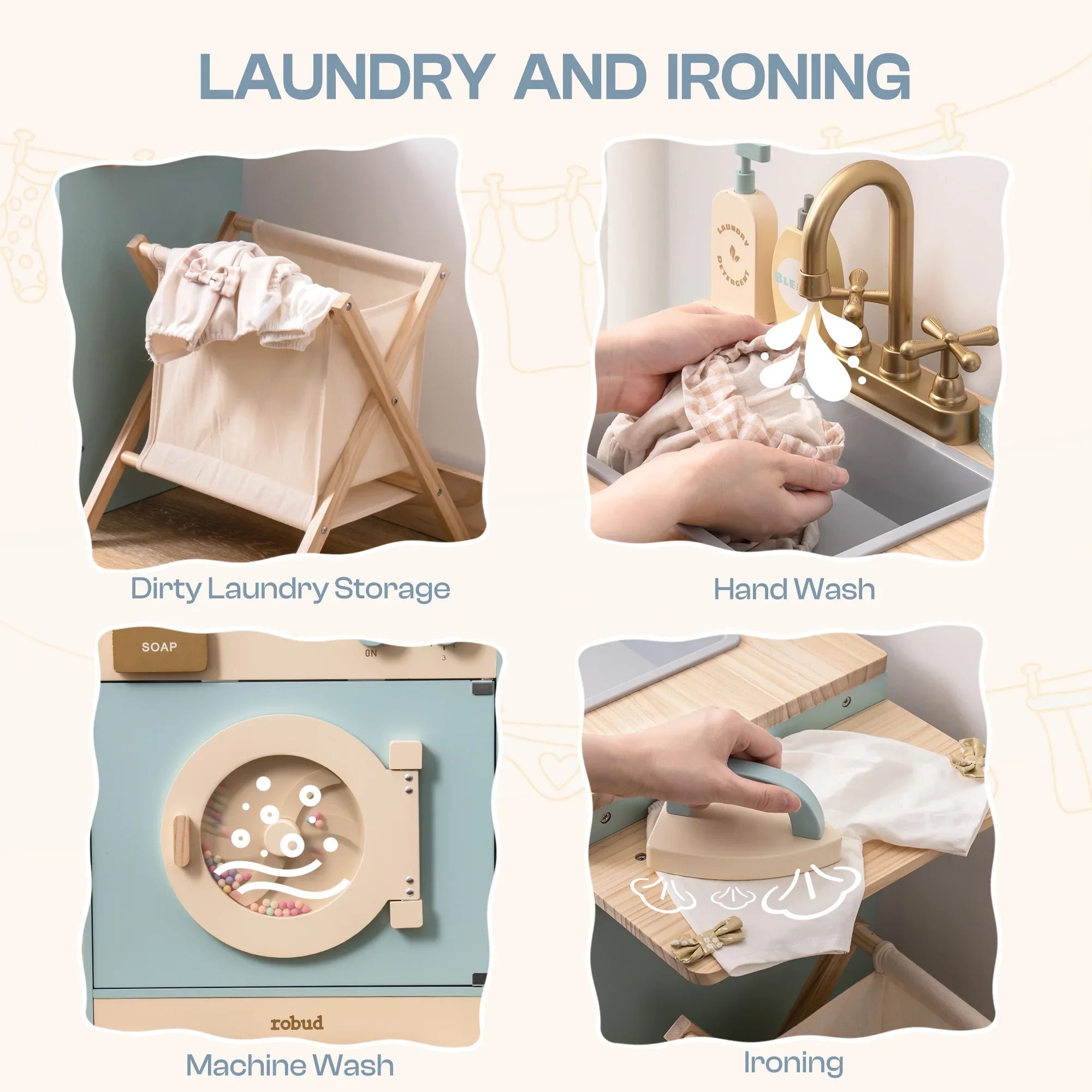 Robotime Robud - Ensemble de Cuisine & Électroménagers en Bois 3-en-1 (Four, Frigo, Lave-Linge) - Jouet d'Imitation Premium Bleu