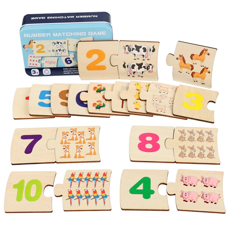 Jeu de Logique Montessori 4-en-1 : Puzzle Éducatif en Bois (Nombres, Animaux, Aliments) avec Boîte Métal