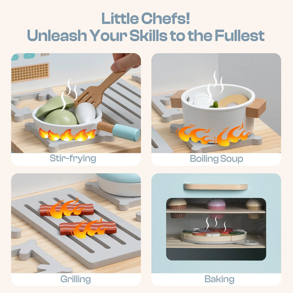 Robotime Robud - Ensemble de Cuisine & Électroménagers en Bois 3-en-1 (Four, Frigo, Lave-Linge) - Jouet d'Imitation Premium Bleu