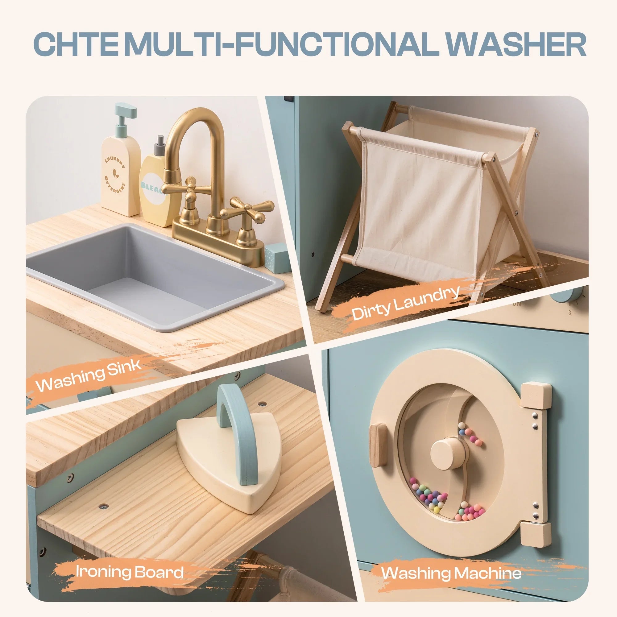 Robotime Robud - Ensemble de Cuisine & Électroménagers en Bois 3-en-1 (Four, Frigo, Lave-Linge) - Jouet d'Imitation Premium Bleu