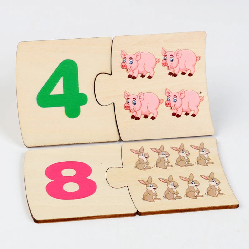 Jeu de Logique Montessori 4-en-1 : Puzzle Éducatif en Bois (Nombres, Animaux, Aliments) avec Boîte Métal